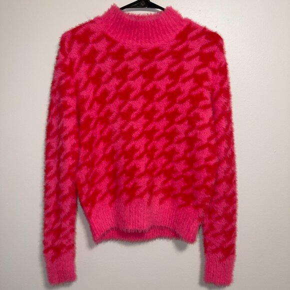 Strut & Bolt Pink Houndstooth Fuzzy Sweater Size L Mock Neck Cozy Knit - Picture 2 of 7